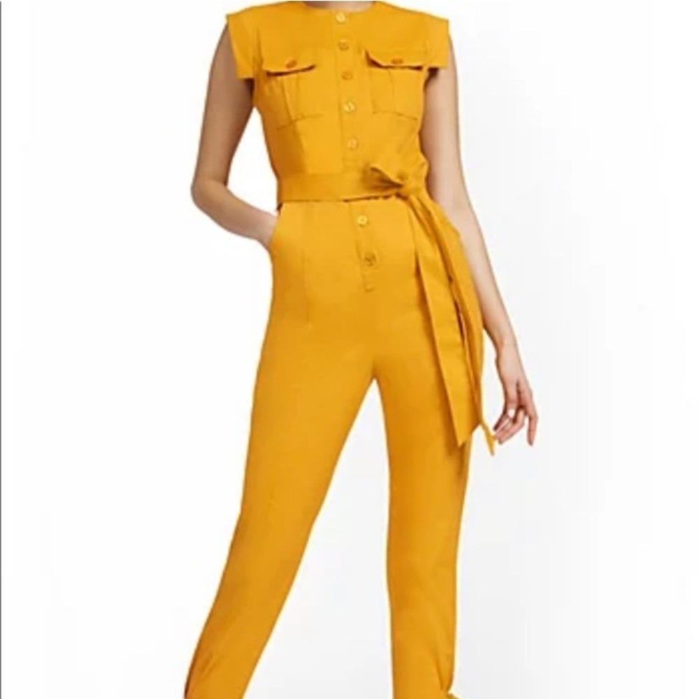 New York & Company Jumpsuit Women M Yellow Utility Button Front Tie Ankle Belted